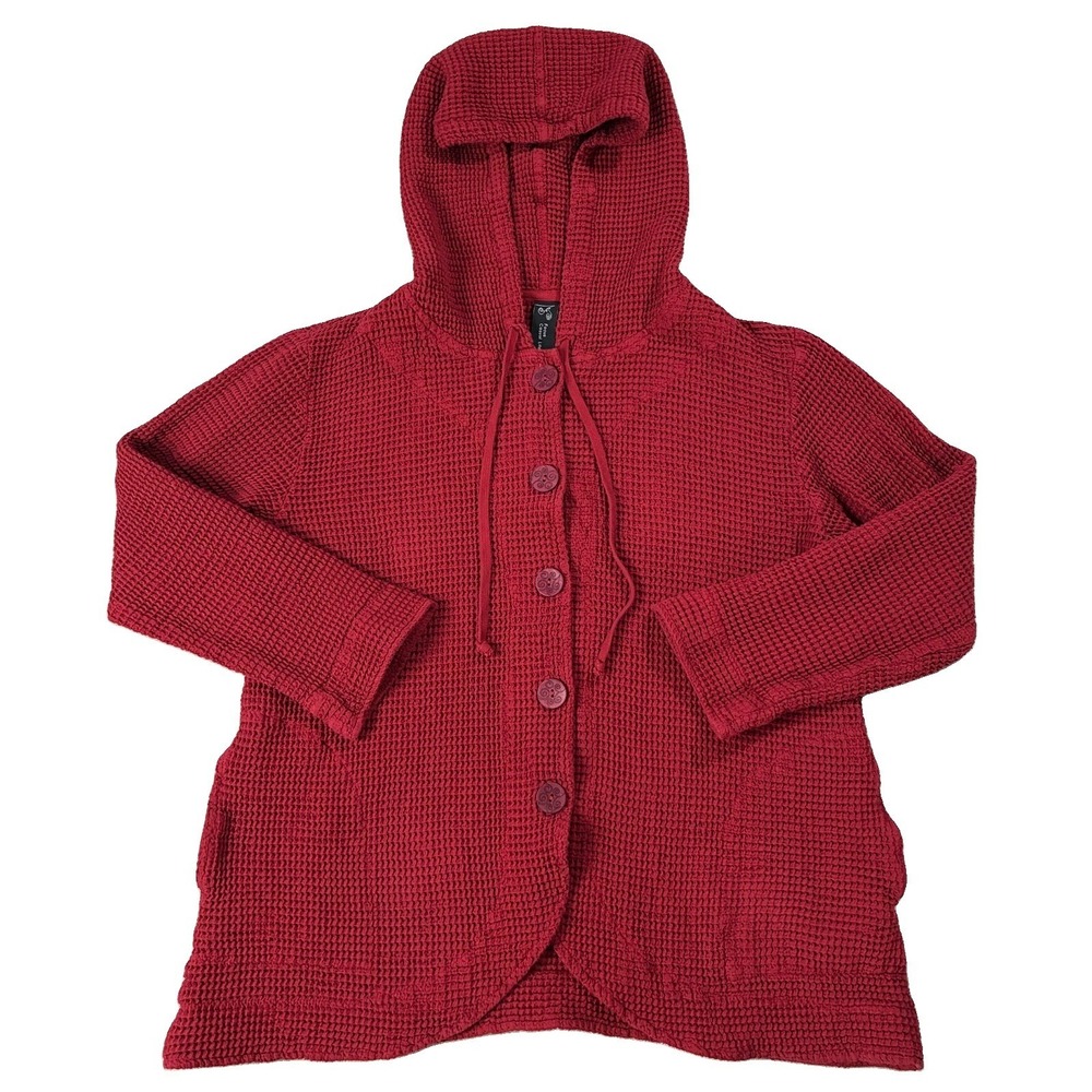 Focus Casual Life Waffle Knit Button Up Hoodie Red Women S Lagenlook Cozy Lounge